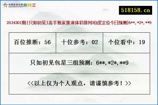 2024301期[只如初见]高手独家推演体彩排列3包星定位今日预测|6**,*2*,**9