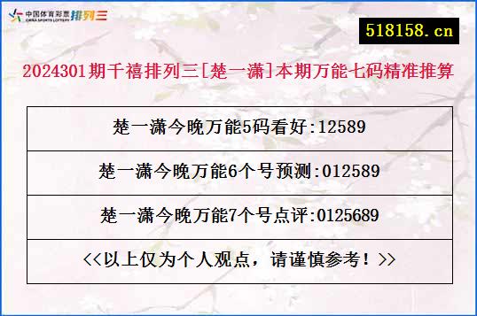 2024301期千禧排列三[楚一潇]本期万能七码精准推算