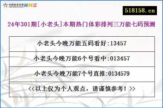 24年301期[小老头]本期热门体彩排列三万能七码预测