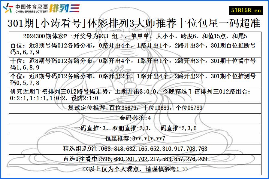 301期[小涛看号]体彩排列3大师推荐十位包星一码超准