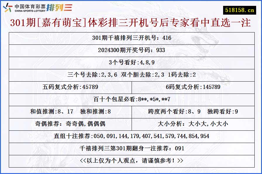 301期[嘉有萌宝]体彩排三开机号后专家看中直选一注