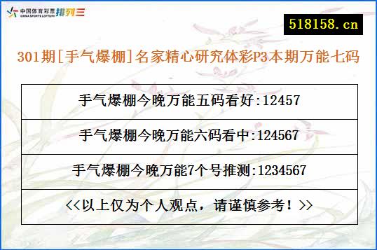 301期[手气爆棚]名家精心研究体彩P3本期万能七码