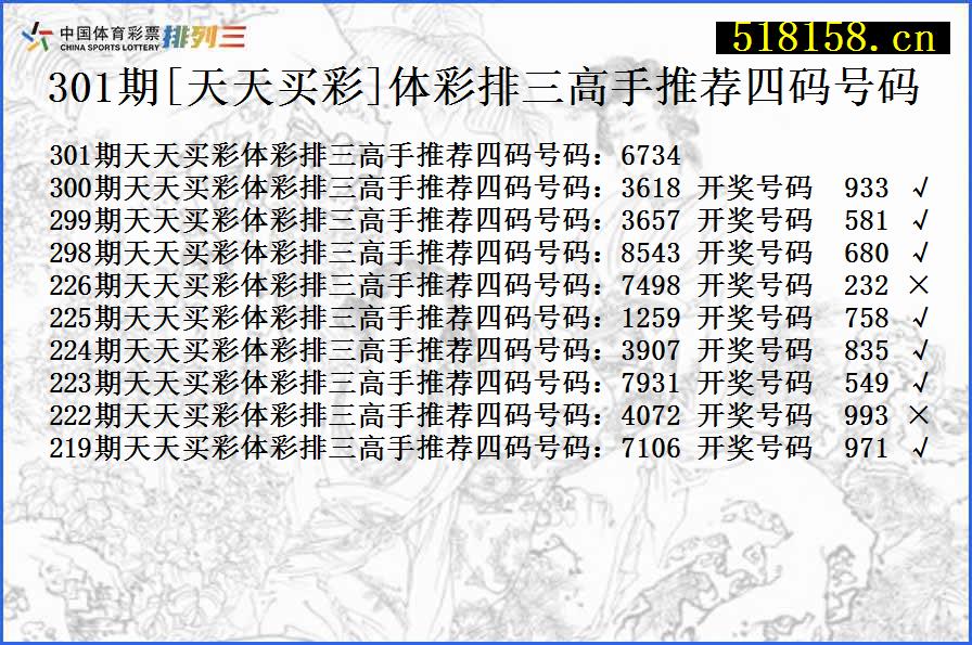 301期[天天买彩]体彩排三高手推荐四码号码