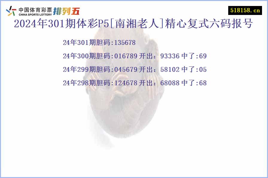 2024年301期体彩P5[南湘老人]精心复式六码报号