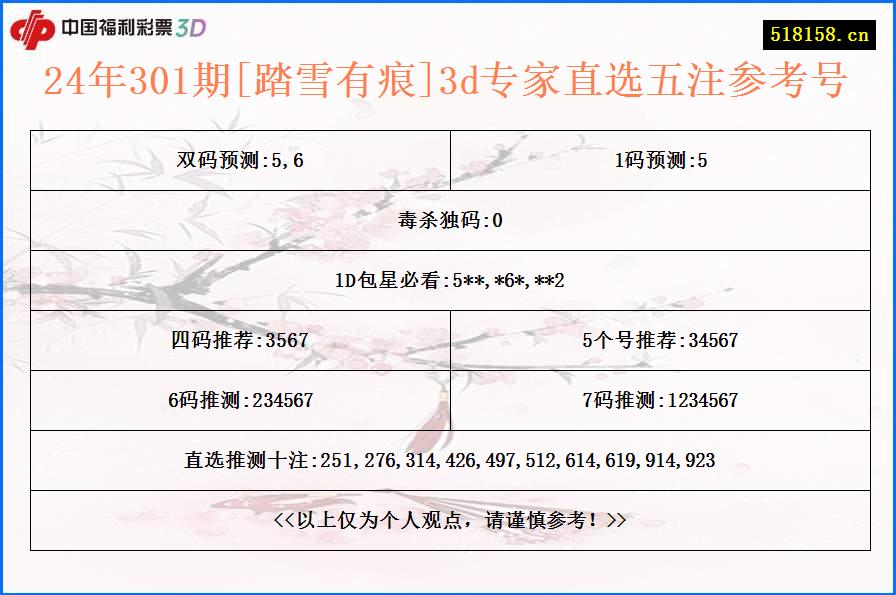 24年301期[踏雪有痕]3d专家直选五注参考号