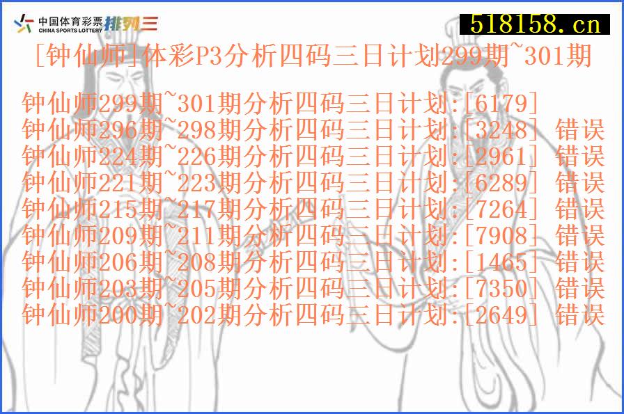 [钟仙师]体彩P3分析四码三日计划299期~301期