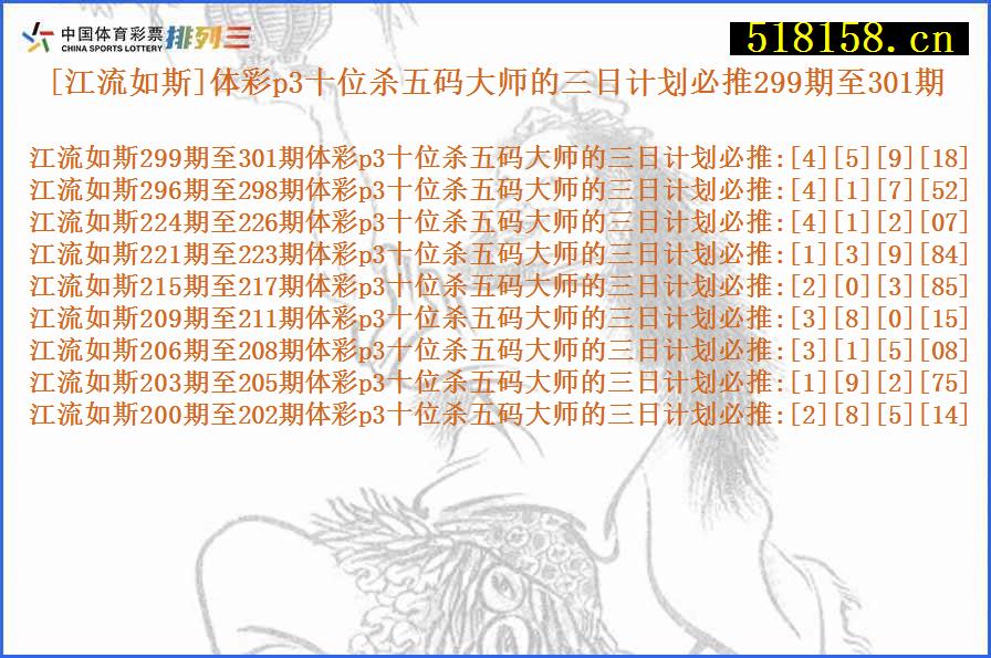 [江流如斯]体彩p3十位杀五码大师的三日计划必推299期至301期