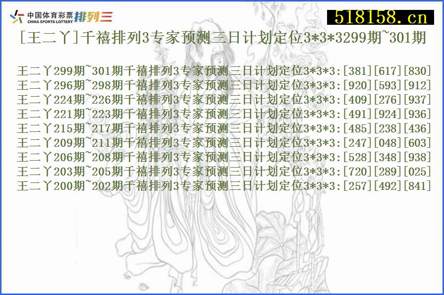 [王二丫]千禧排列3专家预测三日计划定位3*3*3299期~301期