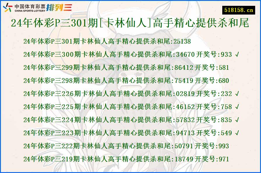 24年体彩P三301期[卡林仙人]高手精心提供杀和尾