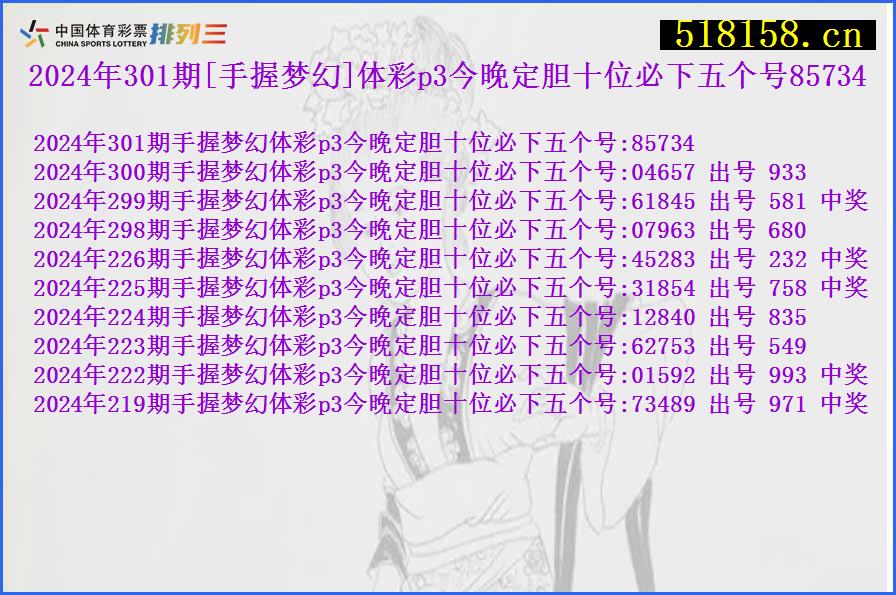 2024年301期[手握梦幻]体彩p3今晚定胆十位必下五个号85734