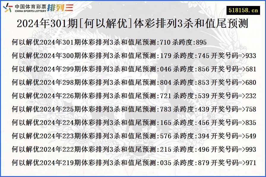 2024年301期[何以解优]体彩排列3杀和值尾预测