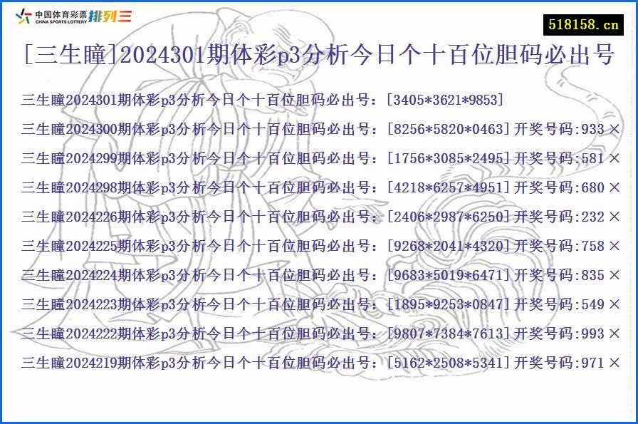 [三生瞳]2024301期体彩p3分析今日个十百位胆码必出号