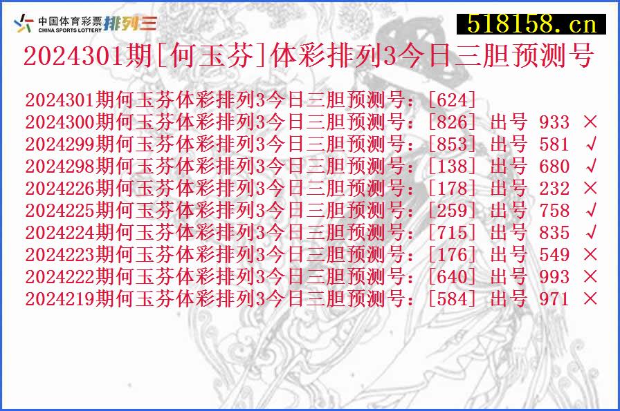 2024301期[何玉芬]体彩排列3今日三胆预测号