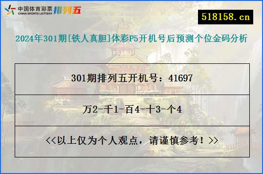 2024年301期[铁人真胆]体彩P5开机号后预测个位金码分析