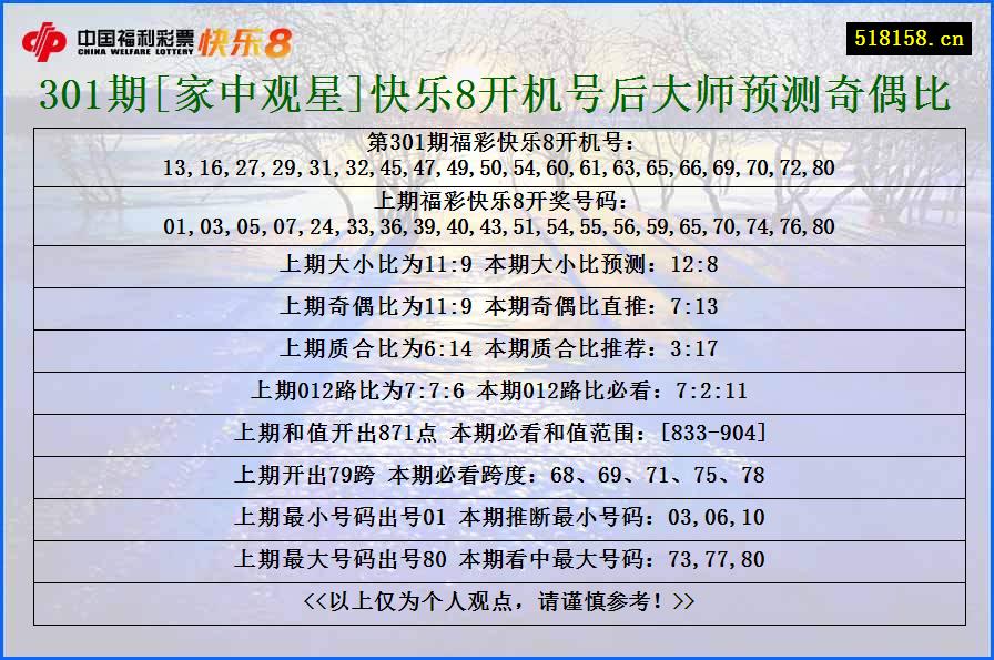 301期[家中观星]快乐8开机号后大师预测奇偶比