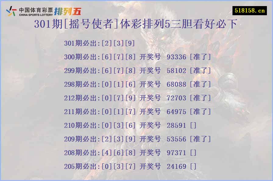 301期[摇号使者]体彩排列5三胆看好必下