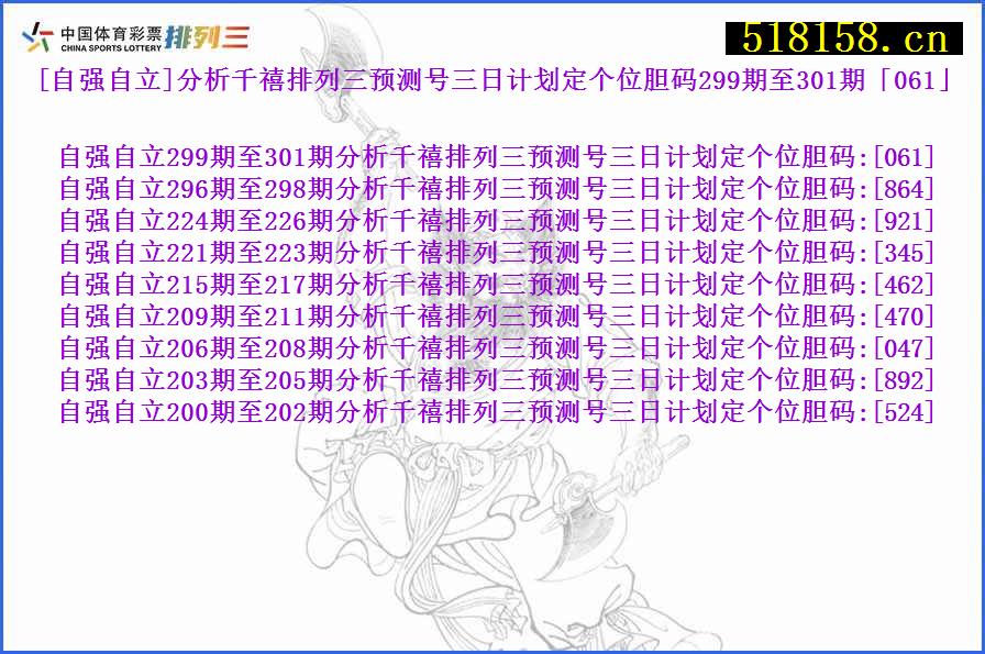 [自强自立]分析千禧排列三预测号三日计划定个位胆码299期至301期「061」