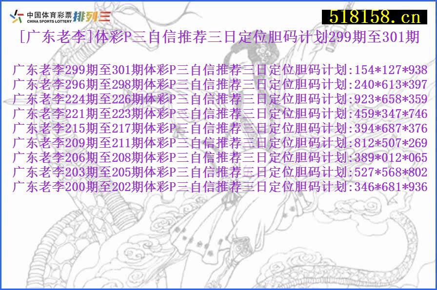 [广东老李]体彩P三自信推荐三日定位胆码计划299期至301期