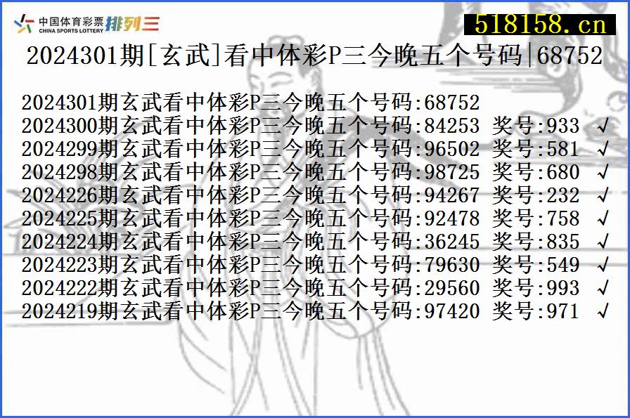 2024301期[玄武]看中体彩P三今晚五个号码|68752