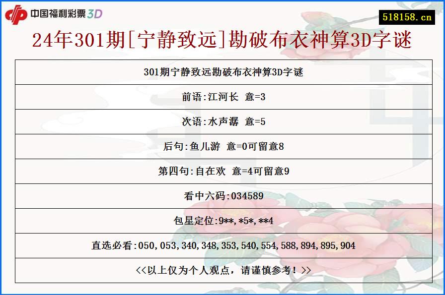 24年301期[宁静致远]勘破布衣神算3D字谜