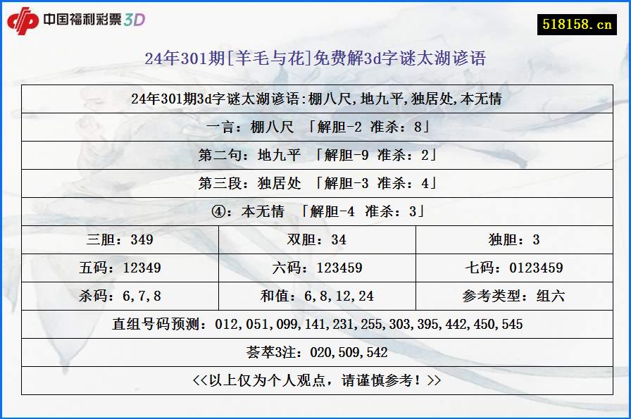 24年301期[羊毛与花]免费解3d字谜太湖谚语