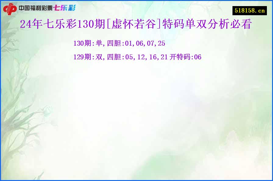 24年七乐彩130期[虚怀若谷]特码单双分析必看