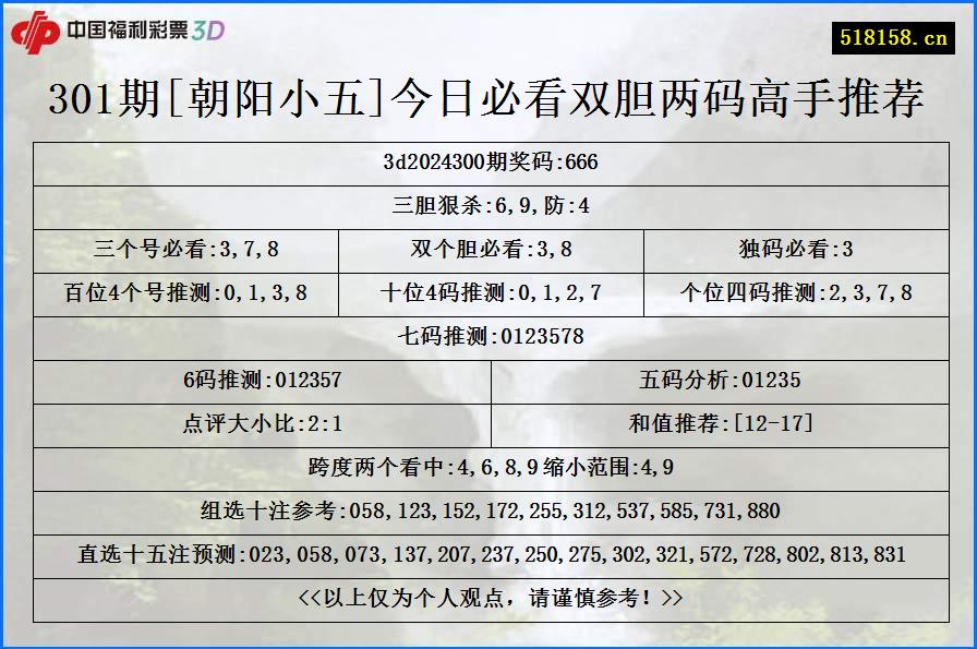 301期[朝阳小五]今日必看双胆两码高手推荐