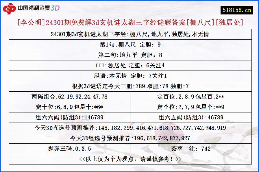 [李公明]24301期免费解3d玄机谜太湖三字经谜题答案[棚八尺][独居处]