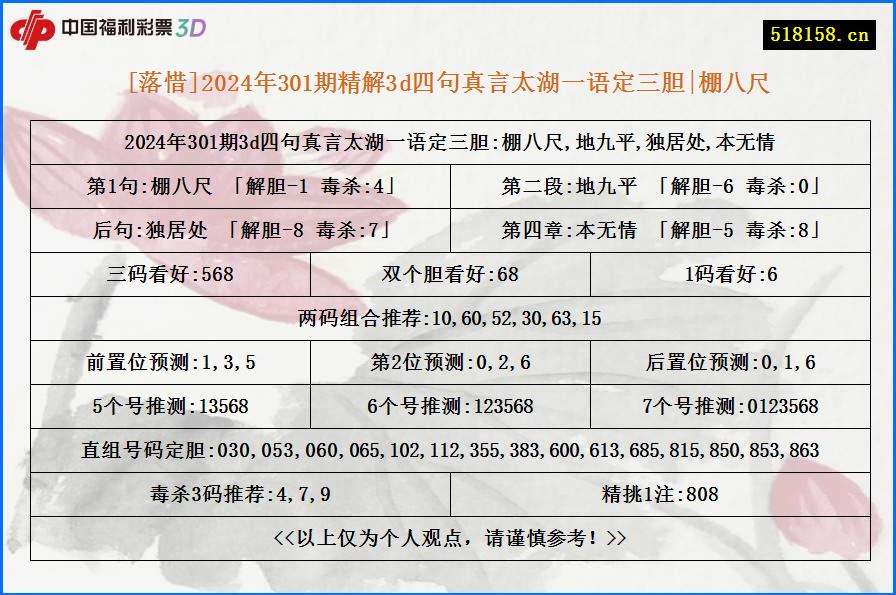 [落惜]2024年301期精解3d四句真言太湖一语定三胆|棚八尺