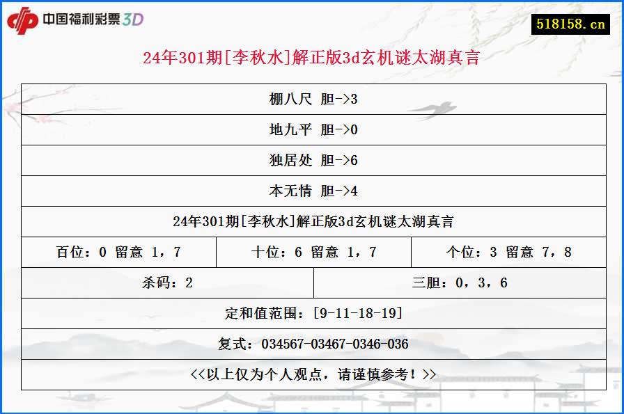 24年301期[李秋水]解正版3d玄机谜太湖真言