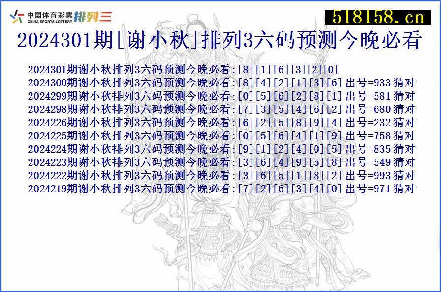 2024301期[谢小秋]排列3六码预测今晚必看