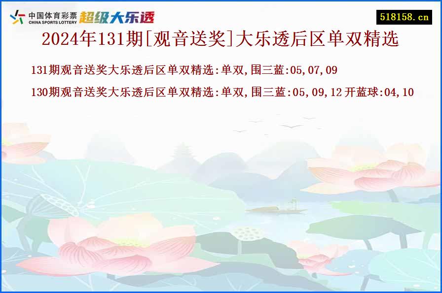 2024年131期[观音送奖]大乐透后区单双精选