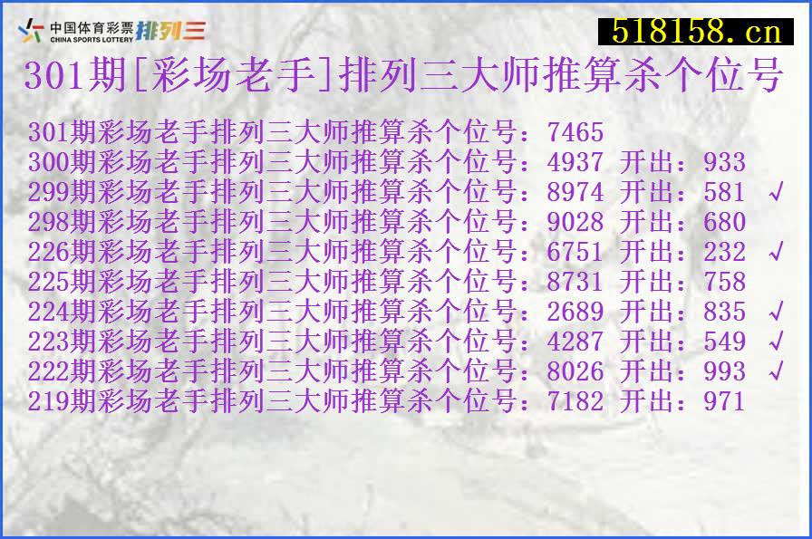 301期[彩场老手]排列三大师推算杀个位号