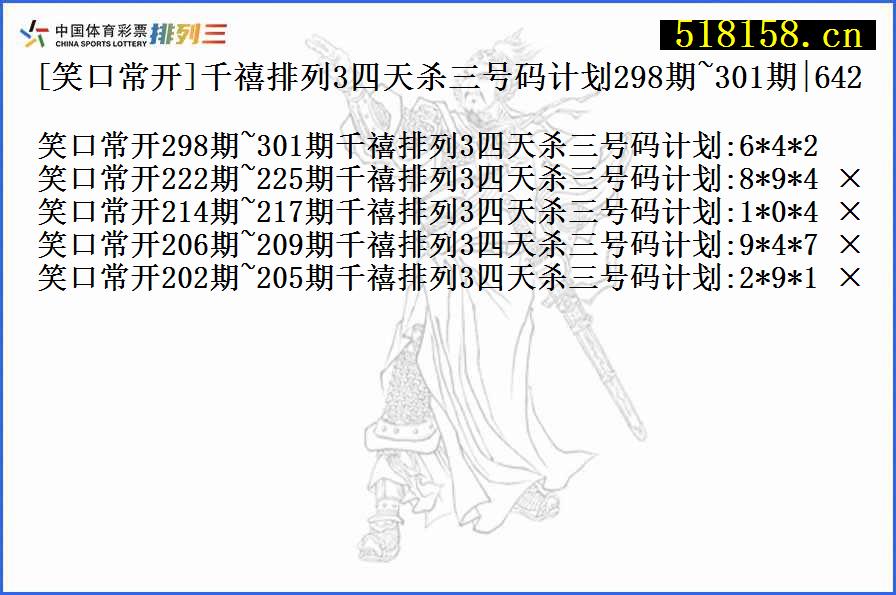 [笑口常开]千禧排列3四天杀三号码计划298期~301期|642