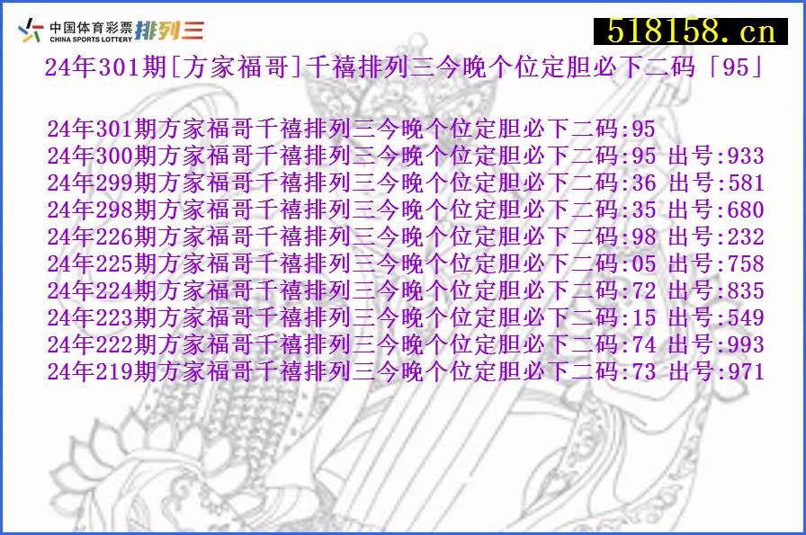 24年301期[方家福哥]千禧排列三今晚个位定胆必下二码「95」