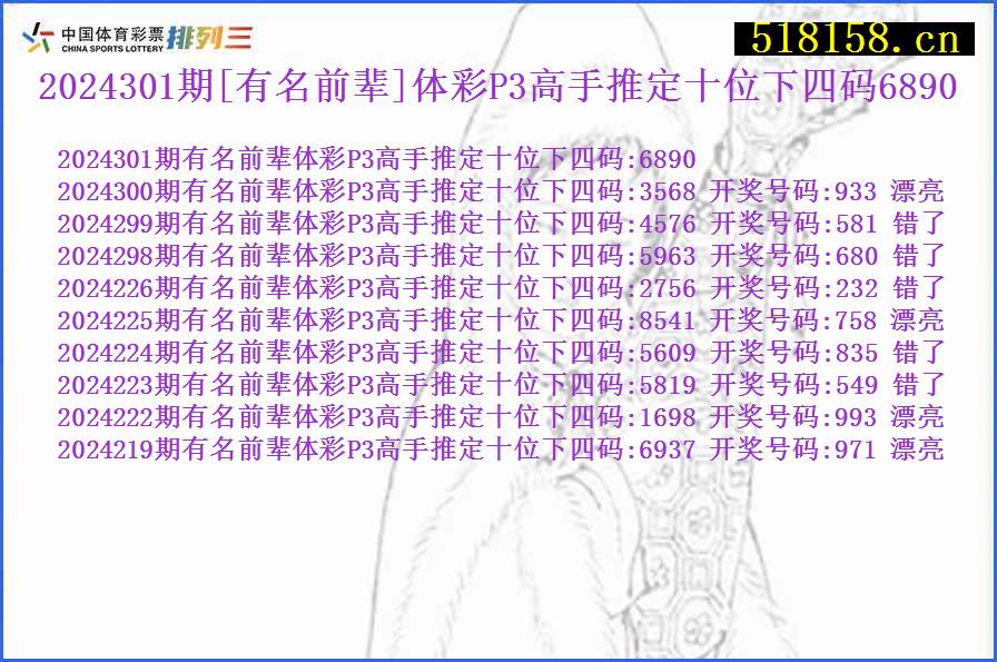 2024301期[有名前辈]体彩P3高手推定十位下四码6890