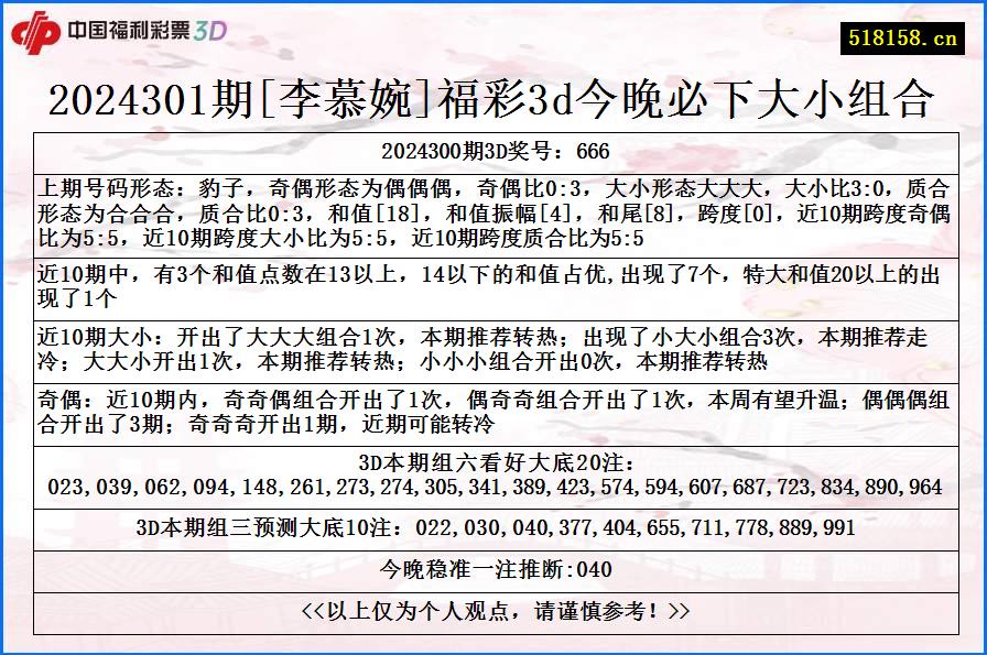 2024301期[李慕婉]福彩3d今晚必下大小组合