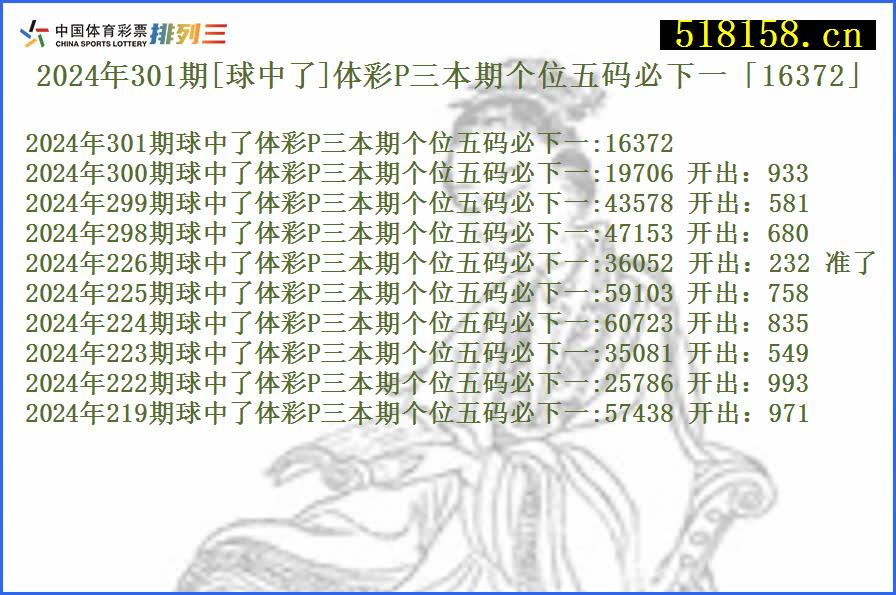 2024年301期[球中了]体彩P三本期个位五码必下一「16372」