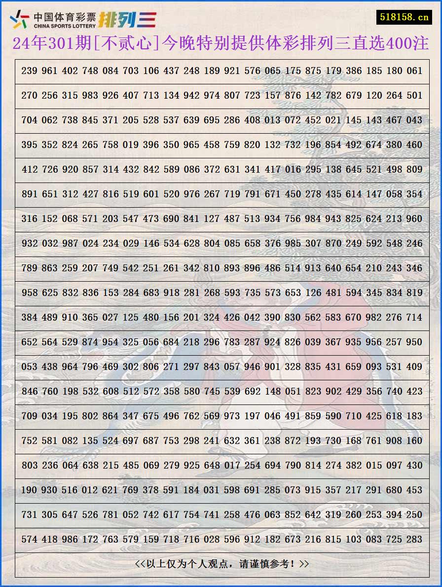 24年301期[不贰心]今晚特别提供体彩排列三直选400注