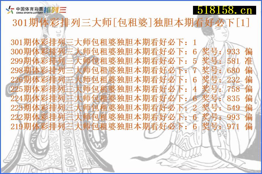 301期体彩排列三大师[包租婆]独胆本期看好必下[1]