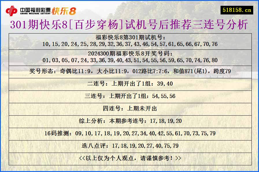 301期快乐8[百步穿杨]试机号后推荐三连号分析