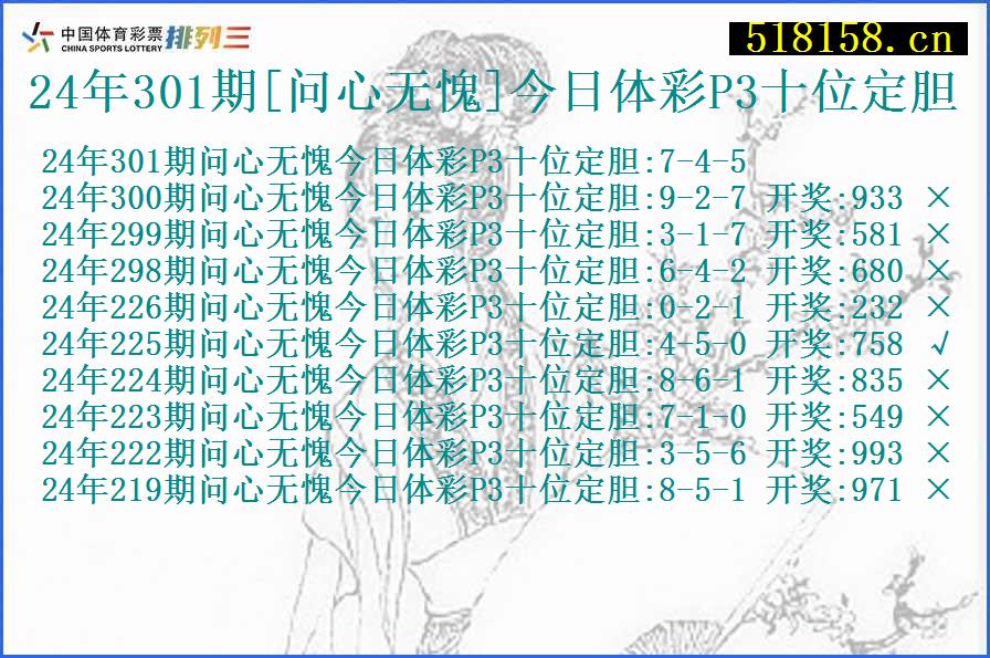 24年301期[问心无愧]今日体彩P3十位定胆