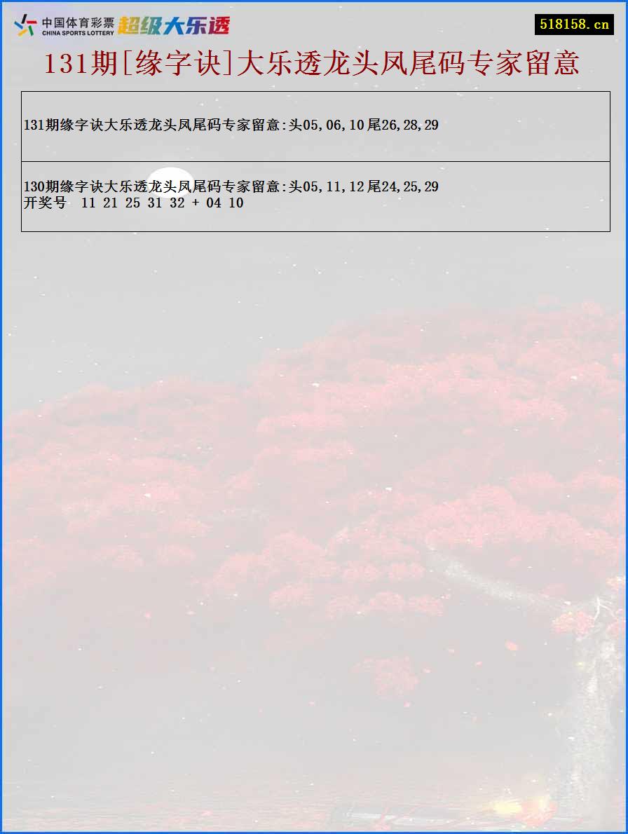 131期[缘字诀]大乐透龙头凤尾码专家留意