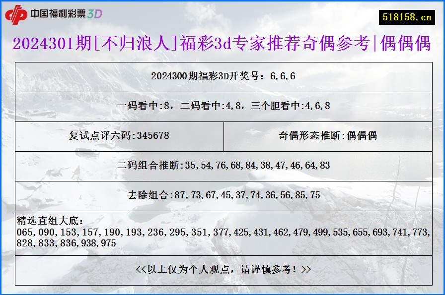 2024301期[不归浪人]福彩3d专家推荐奇偶参考|偶偶偶