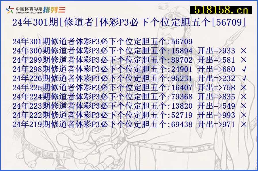 24年301期[修道者]体彩P3必下个位定胆五个[56709]