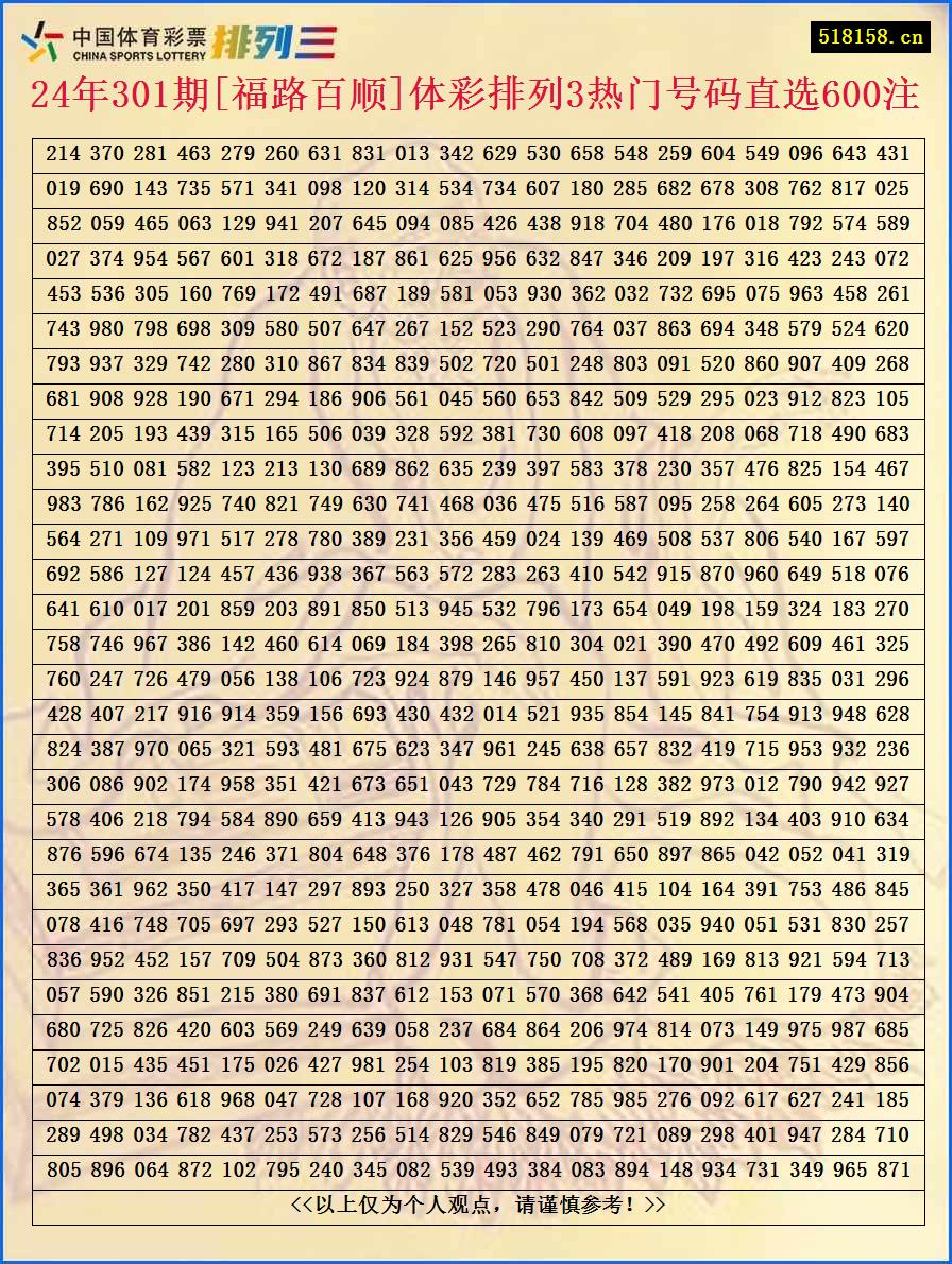 24年301期[福路百顺]体彩排列3热门号码直选600注