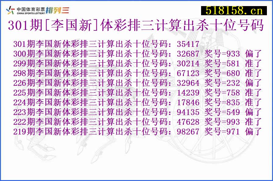 301期[李国新]体彩排三计算出杀十位号码