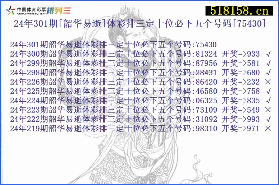 24年301期[韶华易逝]体彩排三定十位必下五个号码[75430]