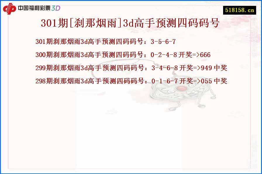 301期[刹那烟雨]3d高手预测四码码号