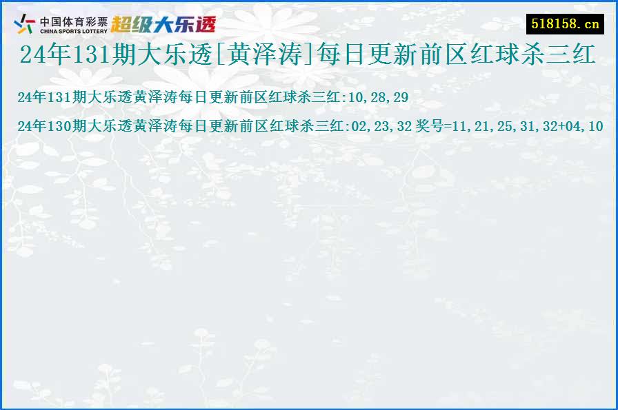 24年131期大乐透[黄泽涛]每日更新前区红球杀三红